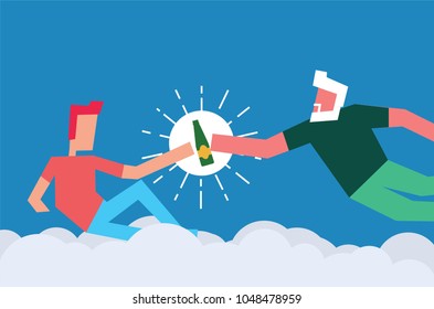 God Creating Adam. Man giving beer to another person. Vector Illustration of two men and alcohol. Friends Drinking Concept