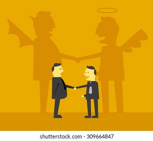 god and demon shadow behind business handshake