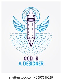God is a designer concept, pencil with wings and all seeing eye of God in sacred geometry triangle, god is an artist, vector logo or icon in trendy linear style.