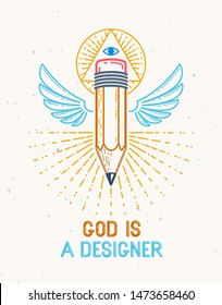 God is a designer concept, pencil with wings and all seeing eye of God in sacred geometry triangle, god is an artist, vector logo or icon in trendy linear style.