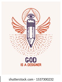 God is a designer concept, pencil with wings and all seeing eye of God in sacred geometry triangle, god is an artist, vector logo or icon in trendy linear style.
