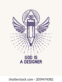 God is a designer concept, pencil with wings and all seeing eye of God in sacred geometry triangle, god is an artist, vector logo or icon in trendy linear style.