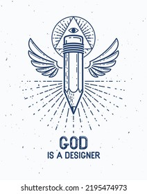 God is a designer concept, pencil with wings and all seeing eye of God in sacred geometry triangle, god is an artist, vector logo or icon in trendy linear style.