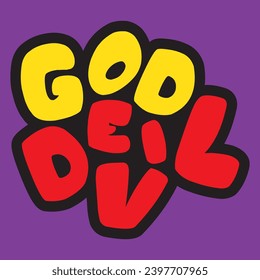 Texto de letras de pincel moderno de Dios diablo. Logo de ilustración vectorial para impresión y publicidad. El arte de la etiqueta con letras dibujadas a mano.