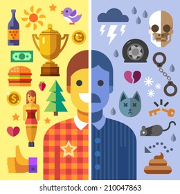 God And Evil In Man, Good And Bad Mood, Fun And Sadness.Color Vector Flat Icon Set And Illustration Opposites: Sun, Money Girl, Love, Joy, Success, Health, Storm, Death, Accident, Rat, Shit, Handcuffs