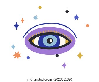 God eye of providence looking. Magic esoteric eyeball with stars around. Abstract sacred divine all-seeing pupil drawn in modern doodle style. Flat vector illustration isolated on white background