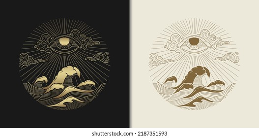 God eye ruler of the storm and sea. Vector illustration in engraving, hand drawn, luxury, esoteric, fit for spiritualist, religious, paranormal, tarot reader, astrologer or tattoo