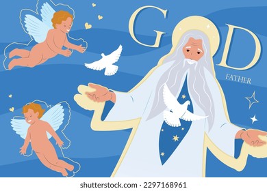 Composición de Dios padre con collage de imágenes planas con personajes humanos de ángeles infantiles ilustración vectorial de hombre viejo
