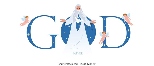 God father composition of flat text and starry sky with flying angels and old wise man vector illustration