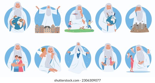 God father set of flat circle shaped compositions with mythical old man people and earth globe vector illustration