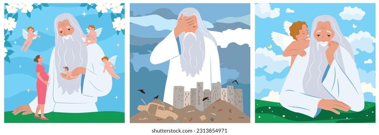 God father set of three square compositions showing creation of world and flying angels in clouds vector illustration