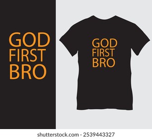 Diseño de camiseta "God First Bro" - texto rojo audaz en camiseta negra, mensaje inspirado en la fe para la creencia y las prioridades