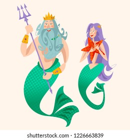 God of freshwater, sea and ocean Neptune (Poseidon) and a mermaid. Vector illustration. 