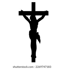 God friday crucifixion Easter religious vector illustration - Black silhouette of crucifix cross with jesus, isolated on white background