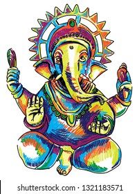 
God Ganesh. Multicolored Stylish Sketch. The Head Of An Elephant, Nirvana Print.