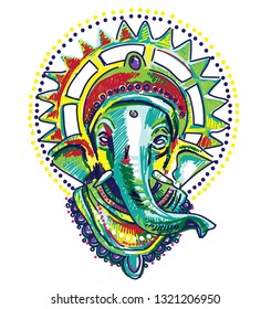 
God Ganesh. Multicolored stylish sketch. Elephant head, Nirvana print, yoga.