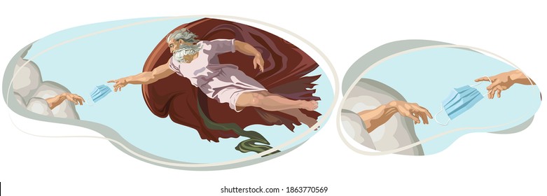 Dios le da una máscara facial a los humanos. Protección y salvación divina. Rescate del coronavirus. Ilustración vectorial.