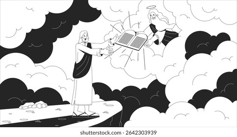God giving Moses ten commandments line illustration. Biblical law. Old testament. Hebrew prophet receiving stone tablets 2D ink linear bible characters monochrome. Flat outline vector image