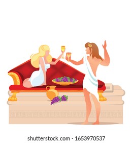 God of Grape Harvest Winemaking and Wine Dionysus Ancient Greek God and Ariadne Drink Wine. Man in Wreath with Gold Goblet. Religion Myth Greece Traditions and Rituals Cartoon Flat Vector Illustration