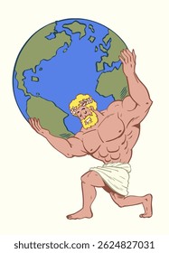 God Greek of Atlas in Vintage Retro Hand Drawn Style