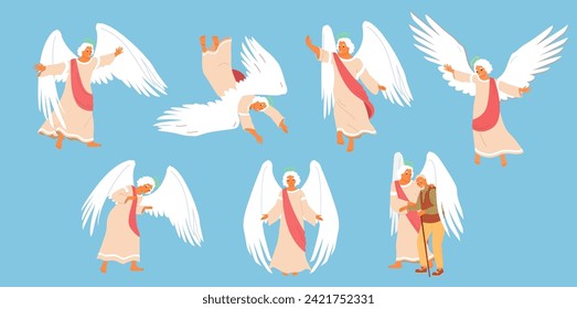 Personajes de ángeles guardianes de Dios con alas con vestido en diferentes poses y movimientos ilustración vectorial aislada en fondo azul cielo