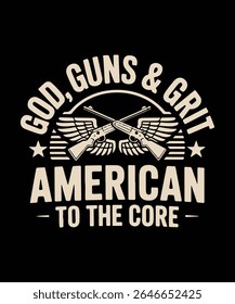 God Guns Grit American to the Core T-Shirt Design Vektor mit gekreuzten Gewehren und Flügeln