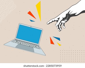 God hands and a laptop in a modern collage style. Vector illustration