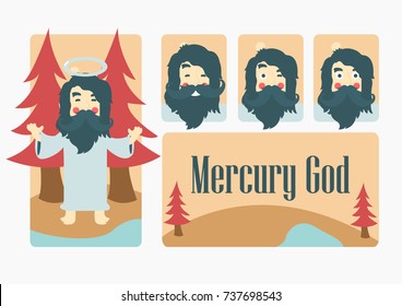 God in Heaven set, standing contemplating, separating light from the dark, happy with his creation, embracing and holding the earth and angry and wrath of God. Vector illustration cartoon.