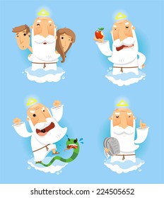 God in heaven stories from the genesis, creation of the world, with Adan and Eve, the ten commandments stone vector illustration.