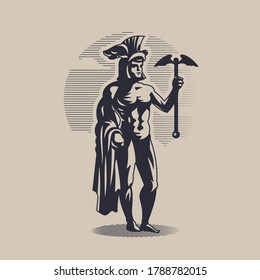 God Hermes. A Man In A Helmet With Wings Holds A Caduceus In His Hand.