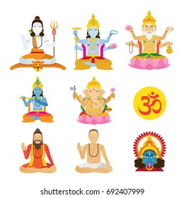 God of Hinduism and Priest Set, Deities, Lord, Character Set with Om Symbol