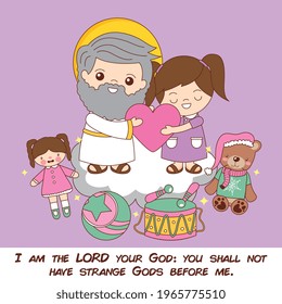 God hugging heart of girl between toys. Our father prayer with christian and sermons illustrations cartoons vector