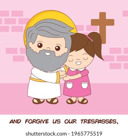 God hugging his daughter. Our father prayer with christian and sermons illustrations cartoons vector