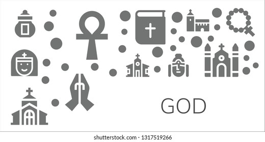 god icon set. 11 filled god icons.  Simple modern icons about  - Ossuary, Ankh, Nun, Church, Buddha, Bible, Prayer, Rosary