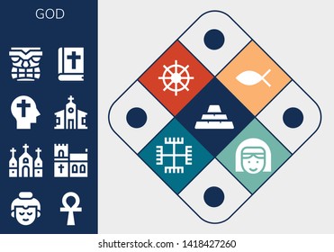 god icon set. 13 filled god icons.  Collection Of - Ingots, Buddha, Ankh, Church, Faith, Tiki, Bible, Christianity, Buddhism, Gnosticism, Nun