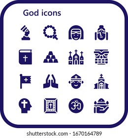 conjunto de iconos de dios. 16 iconos de dios. Incluidos los íconos del faraón, Rosario, Nun, Buda, Biblia, Ingot, Iglesia, Tiki, Cristiano, Orgullo, Sacerdote, Fe, Om