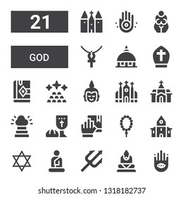 god icon set. Collection of 21 filled god icons included Buddhism, Buddha, Trident, Judaism, Church, Prayer, Oath, Last supper, Heaven, Ingots, Bible, Pope, Vatican, Ankh, Goddess svg