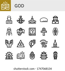 god icon set. Collection of Bible, Pastor, Faravahar, Church, Cloud gate, Jesus, Nun, Ganesha, Ankh, Mummy, Prayer, God, Eye of ra, Jainism, Temple, Sarcophagus icons