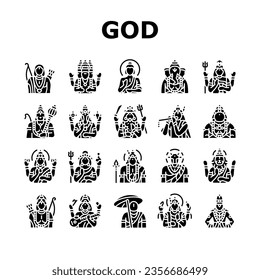 god indian hindu lord krishna icons set vector. india vishnu, hinduism janmashtami, art shiva, festival mythology, flute deity god indian hindu lord krishna glyph pictogram Illustrations