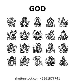 god indian hindu lord krishna icons set vector. india vishnu, hinduism janmashtami, art shiva, festival mythology, flute deity god indian hindu lord krishna black contour illustrations