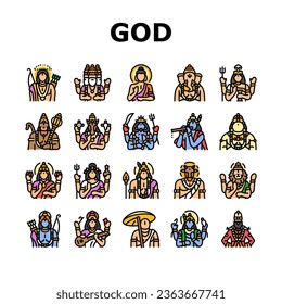 god indian hindu lord krishna icons set vector. india vishnu, hinduism janmashtami, art shiva, festival mythology, flute deity god indian hindu lord krishna color line illustrations