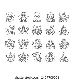 god indian hindu lord krishna icons set vector. india vishnu, hinduism janmashtami, art shiva, festival mythology, flute deity god indian hindu lord krishna black contour illustrations