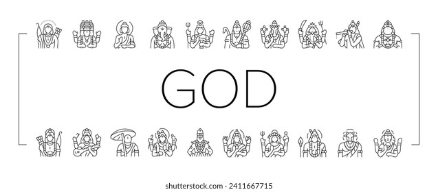 god indian hindu lord krishna icons set vector. india vishnu, hinduism janmashtami, art shiva, festival mythology, flute deity god indian hindu lord krishna black line illustrations