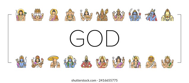 god indian hindu lord krishna icons set vector. india vishnu, hinduism janmashtami, art shiva, festival mythology, flute deity god indian hindu lord krishna color line illustrations