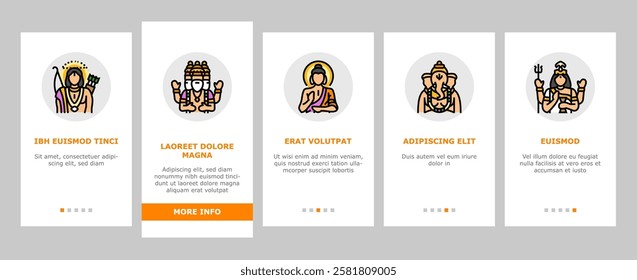 god indian hindu lord krishna onboarding mobile vector. india vishnu, hinduism janmashtami, art shiva, festival mythology, flute deity god indian hindu lord krishna Illustrations