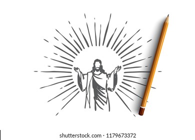 God, Jesus christ, grace, good, ascension concept. Hand drawn silhouette of Jesus christ, the son of god concept sketch. Isolated vector illustration.