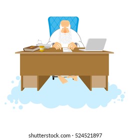 God job. Almighty of work place in heaven. Boss of paradise. Grandfather with beard at working. Holy of desktop. Laptop and phone. Cup of coffee and Bible. table in cloud