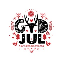 God Jul. Merry Christmas Calligraphy Template In Swedish - God Jul. Lettering Poster God Jul In Ethnic Folk Style. Greeting Card Black Typography On White Background