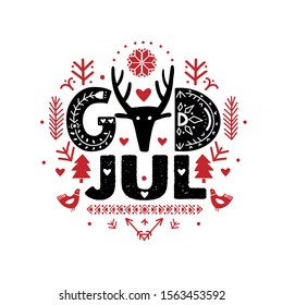 God Jul. Merry Christmas Calligraphy Template in Swedish - God Jul. Lettering poster God Jul in ethnic folk style. Greeting Card Black Typography on White Background