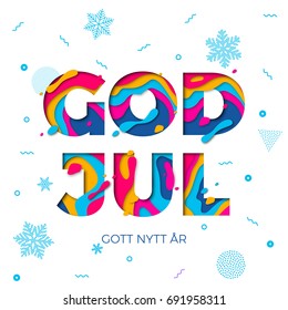 God Jul Merry Christmas and Gott Nytt Ar Happy New Year Swedish greeting card white background or wish poster. Vector winter holiday paper snowflakes carving pattern multi color text design